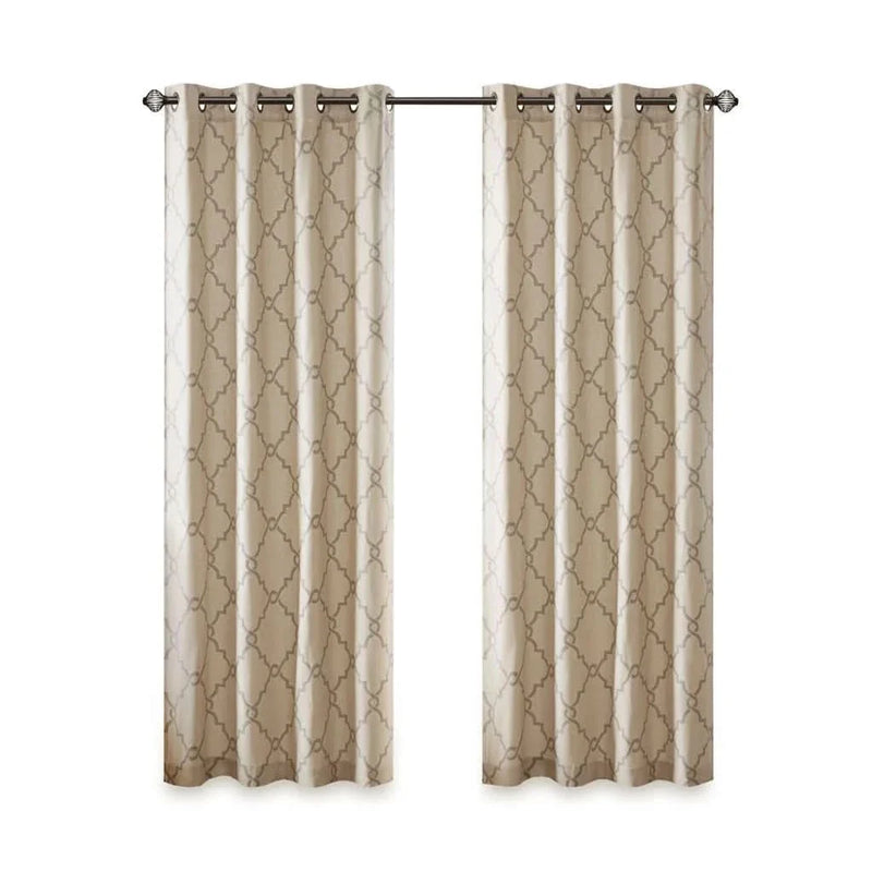 Fretwork Print Window Curtain Beige Grey Polyester Grommet Top Panel