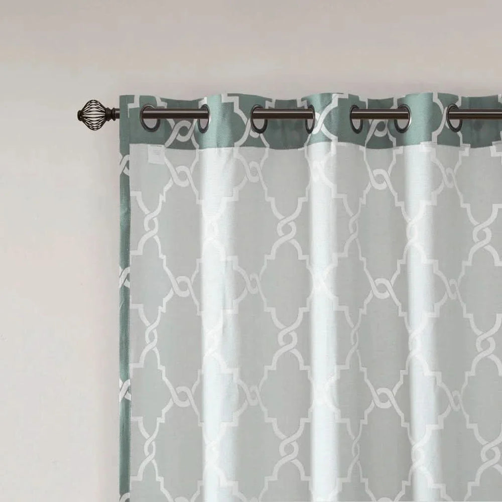 Fretwork Print Curtain Polyester Grommet Top Seafoam & White Panel Media 10