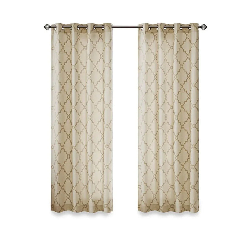 Beige Gold Geometric Fretwork Window Curtain Polyester Grommet Top