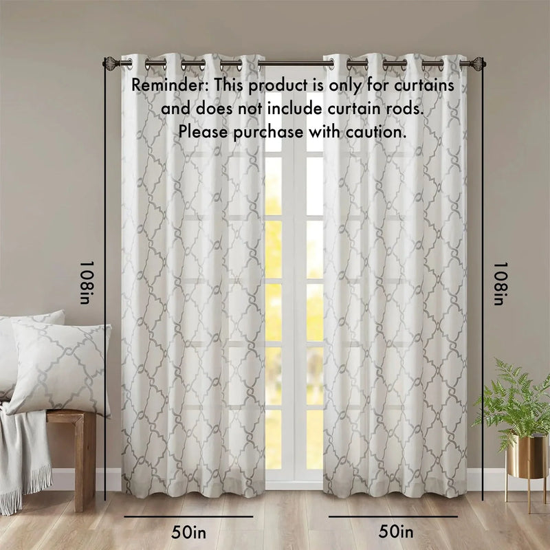 Fretwork Print Window Curtain Panel Ivory Grey Polyester Grommet Top