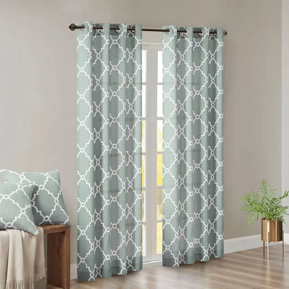 Fretwork Print Polyester Curtain Seafoam & White Grommet Top 108 Inch Panel Media 10