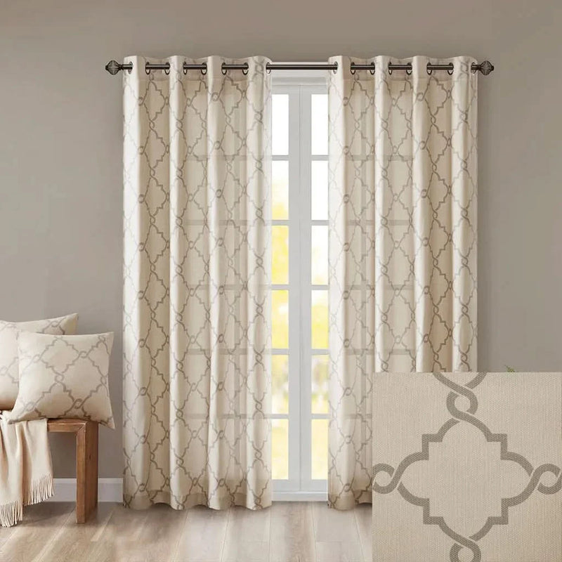 Fretwork Curtain Polyester Beige & Grey Grommet Top Window Drapery