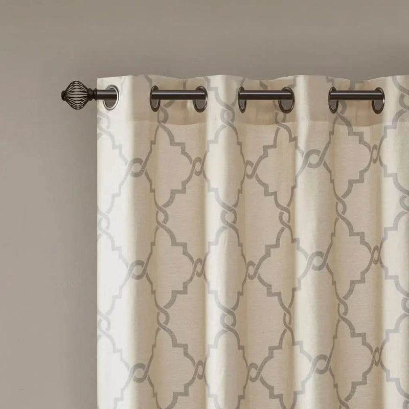 Fretwork Curtain Polyester Beige & Grey Grommet Top Window Drapery