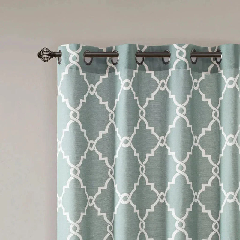 Fretwork Print Polyester Curtain Seafoam & White Grommet Top 108 Inch Panel