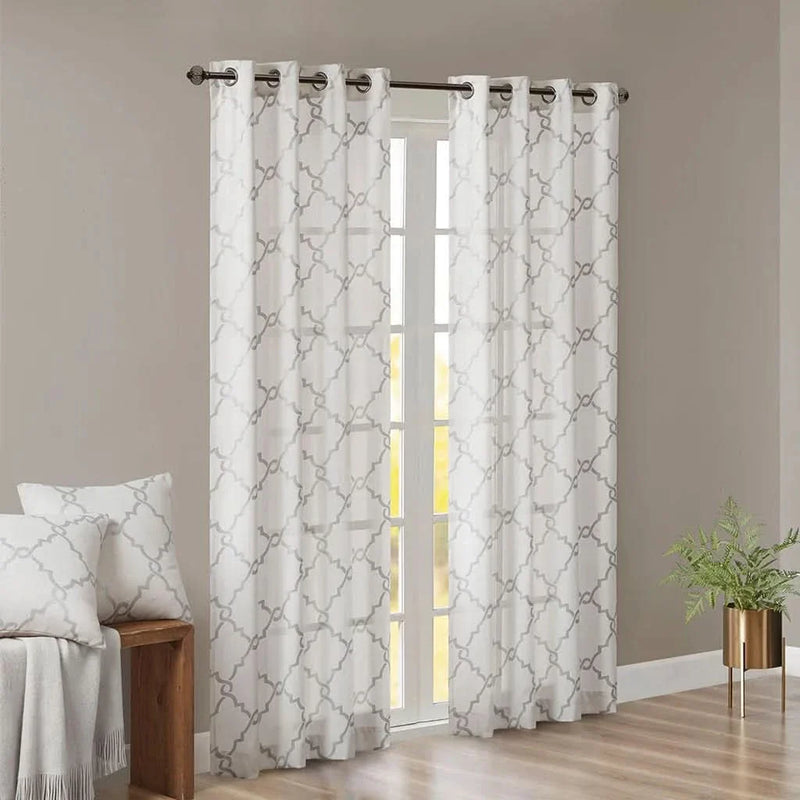 Geometric Fretwork Window Curtain Panel Polyester Grommet Top Ivory Grey