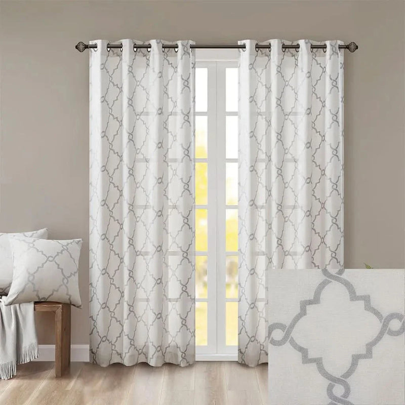 Geometric Fretwork Window Curtain Panel Polyester Grommet Top Ivory Grey