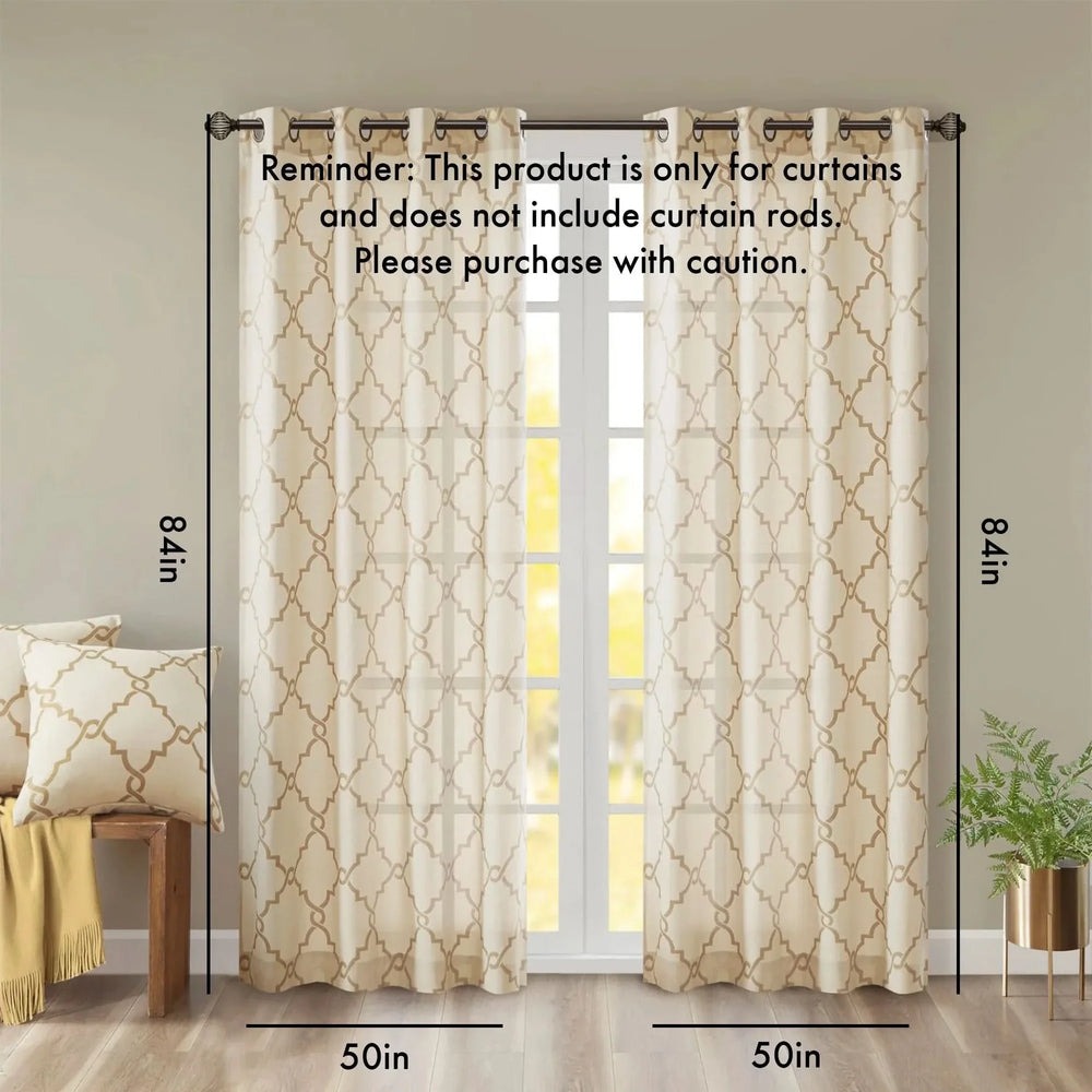Beige Gold Geometric Fretwork Window Curtain Polyester Grommet Top Media 2