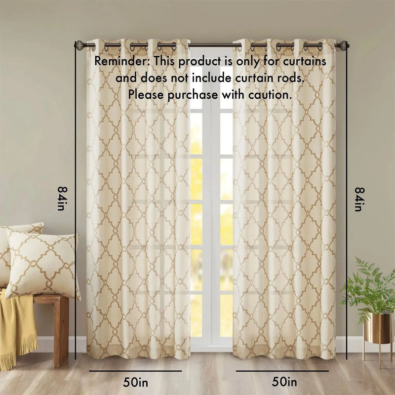 Beige Gold Geometric Fretwork Window Curtain Polyester Grommet Top