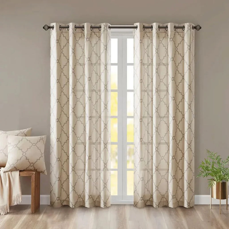 Fretwork Print Window Curtain Beige Grey Polyester Grommet Top Panel