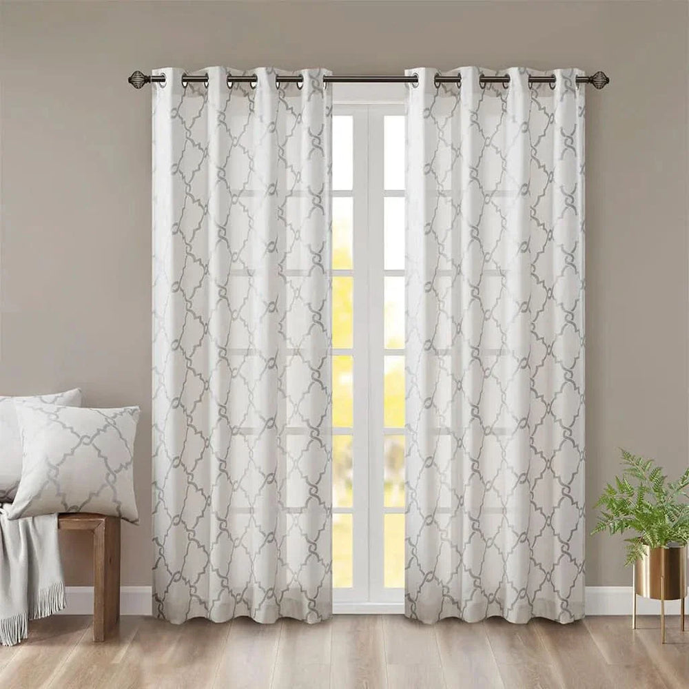 Fretwork Print Window Curtain Panel Ivory Grey Polyester Grommet Top Media 1