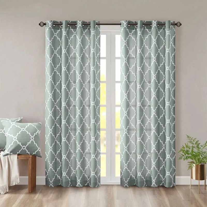 Fretwork Curtain Grommet Top Polyester Seafoam & White Window Panel