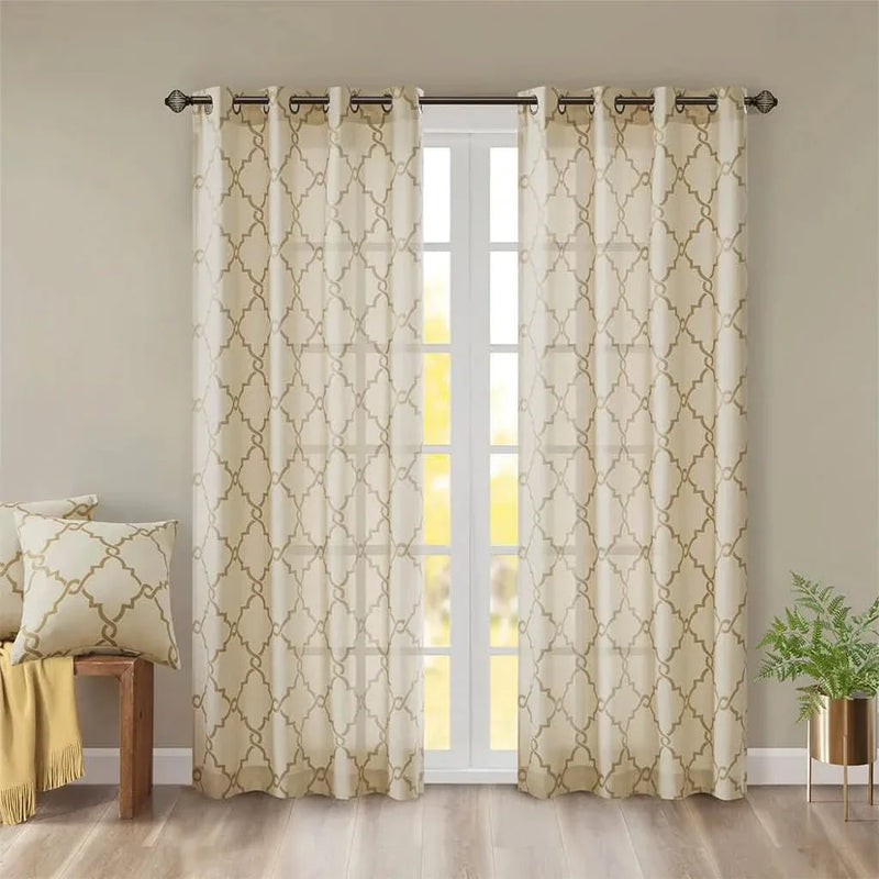 Fretwork Print Curtain Polyester Beige & Gold Grommet Top Window Panel