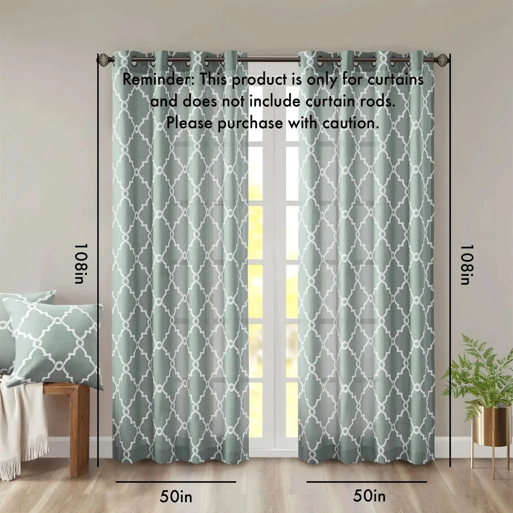 Fretwork Print Polyester Curtain Seafoam & White Grommet Top 108 Inch Panel Media 2