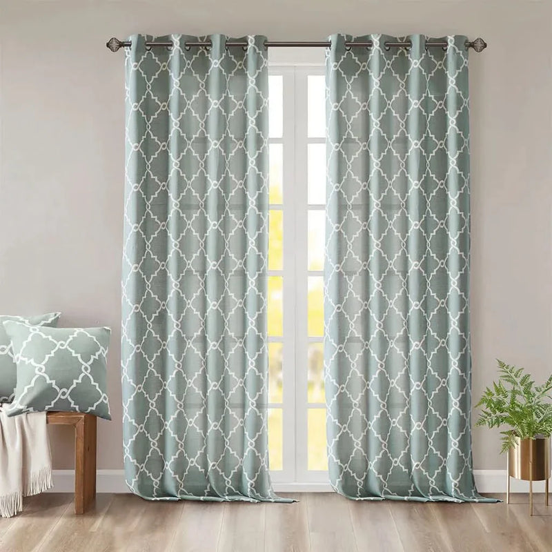 Fretwork Print Curtain Polyester Grommet Top Seafoam & White Panel