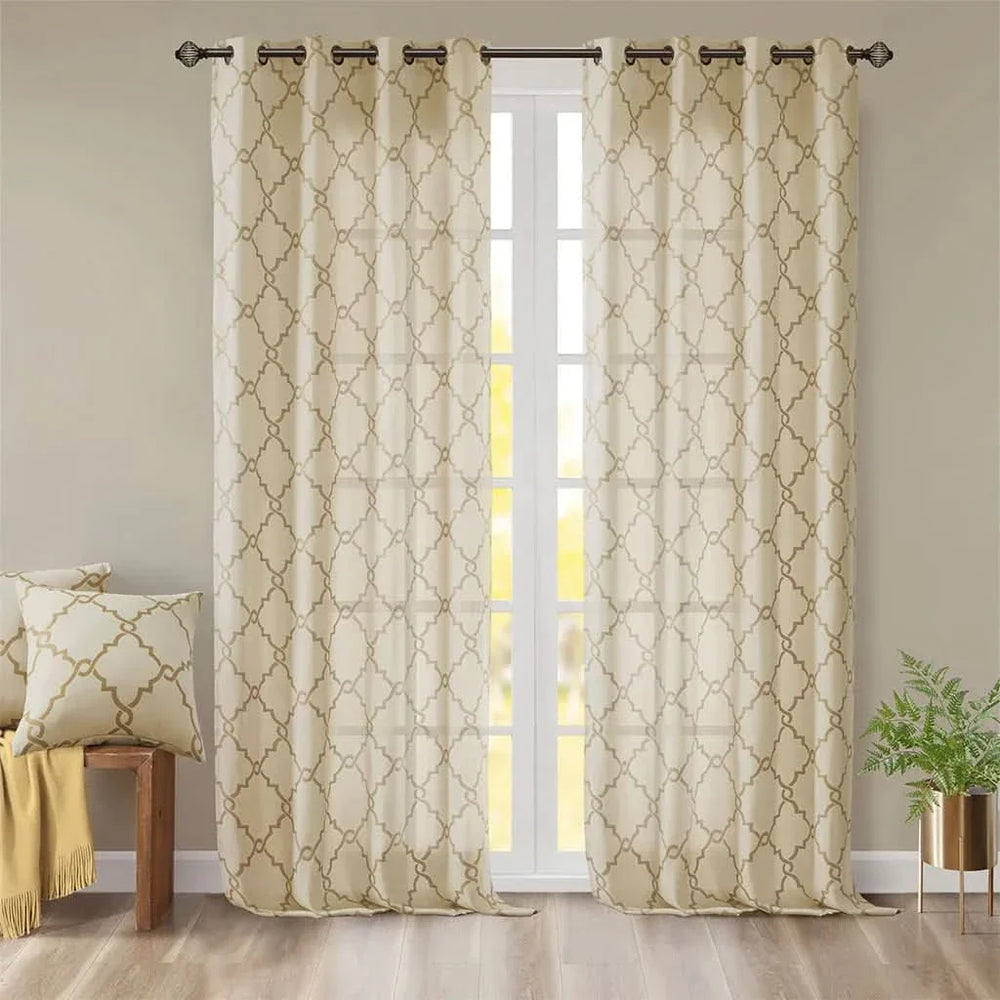 Beige Gold Geometric Fretwork Window Curtain Polyester Grommet Top Media 10