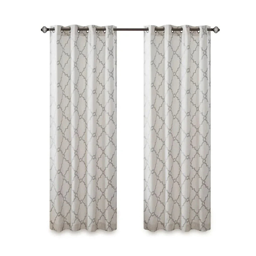 Geometric Fretwork Window Curtain Panel Polyester Grommet Top Ivory Grey Media 2