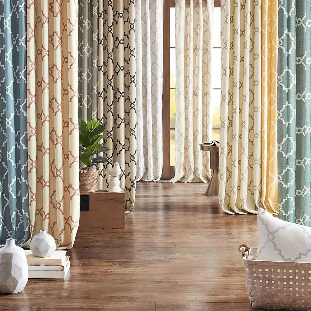 Fretwork Print Curtain Polyester Beige & Gold Grommet Top Window Panel Media 12
