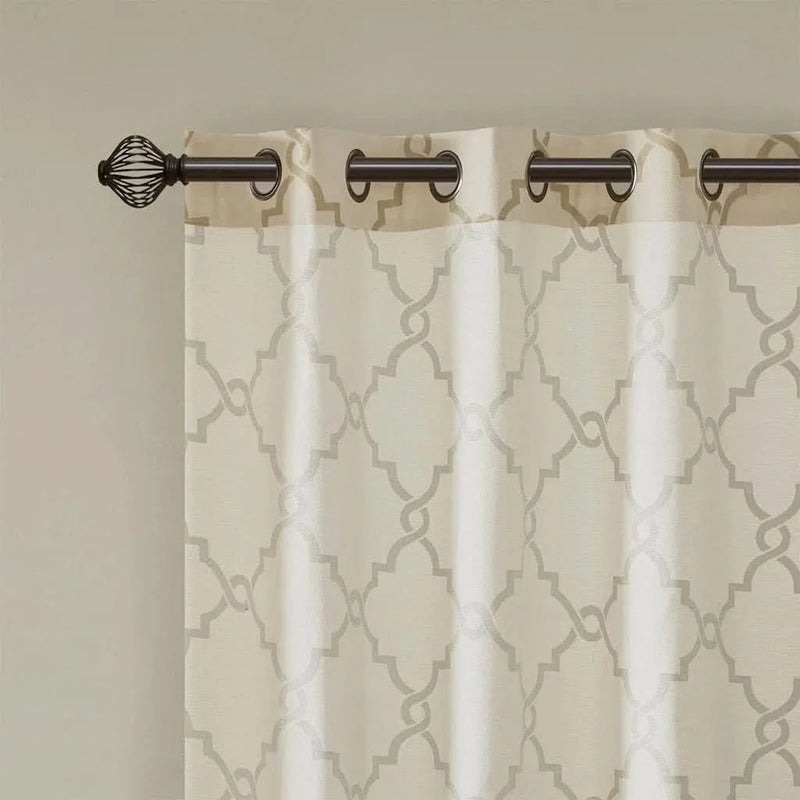 Beige Gold Geometric Fretwork Window Curtain Polyester Grommet Top