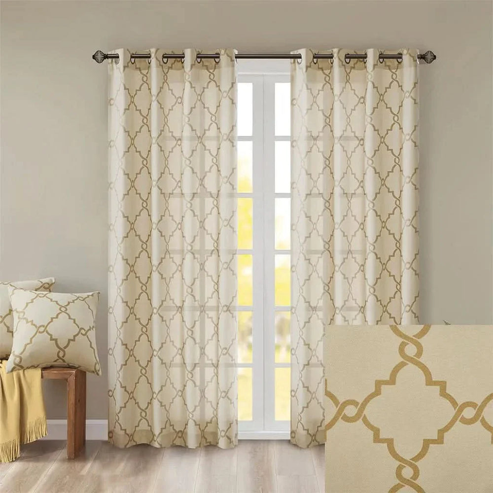 Beige Gold Geometric Fretwork Window Curtain Polyester Grommet Top Media 5