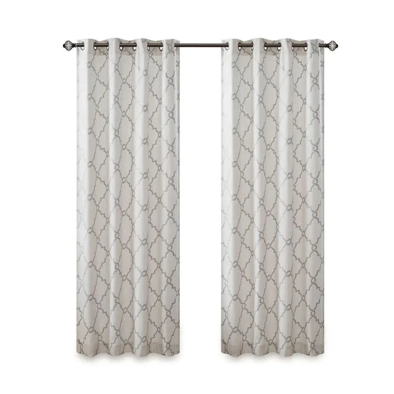 Fretwork Print Curtain Panel Polyester Grommet Top Ivory Grey 95x50
