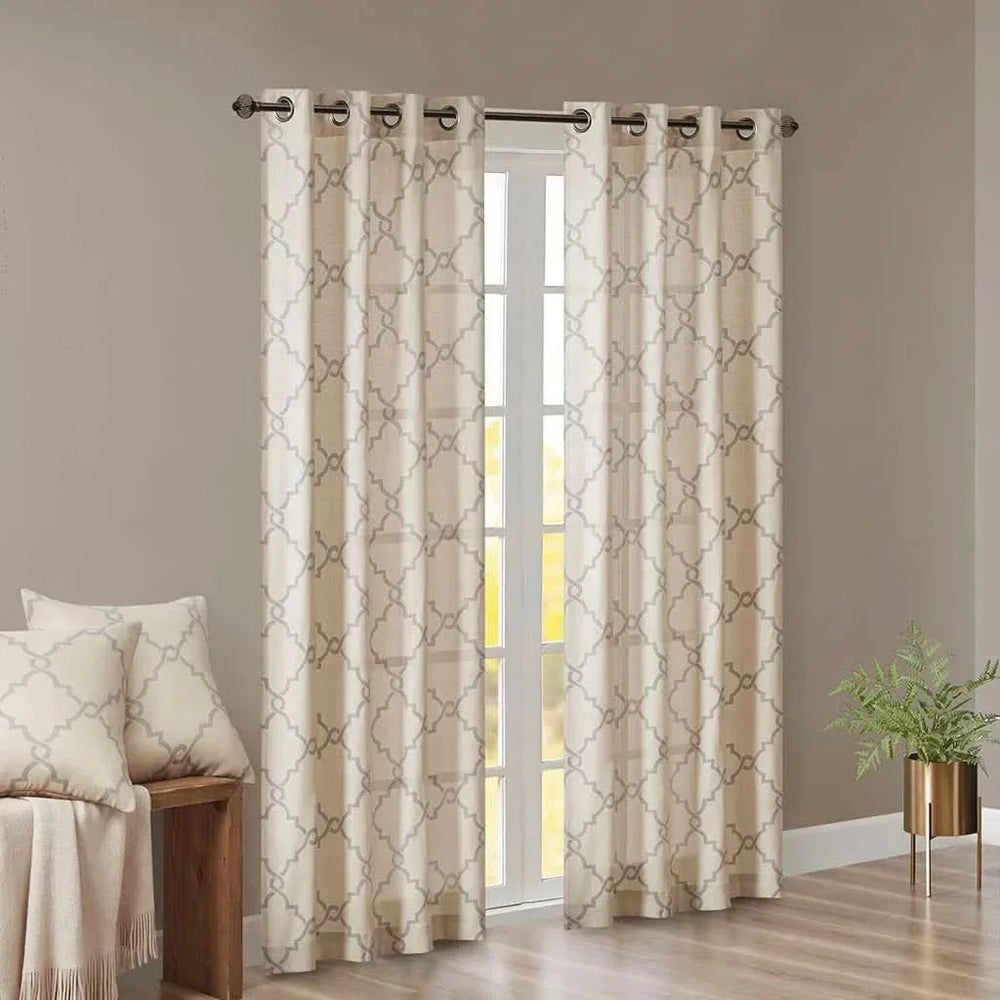 Fretwork Print Window Curtain Beige Grey Polyester Grommet Top Panel Media 11
