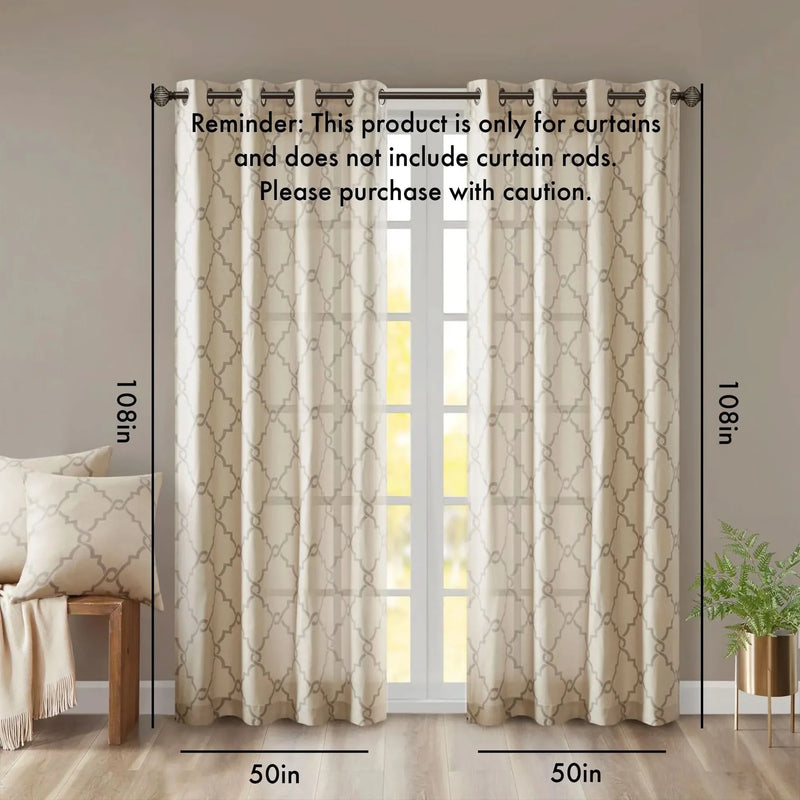 Window Curtain Panel Polyester Grommet Top Fretwork Print Beige Grey