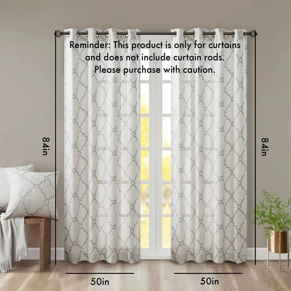 Geometric Fretwork Window Curtain Panel Polyester Grommet Top Ivory Grey Media 3