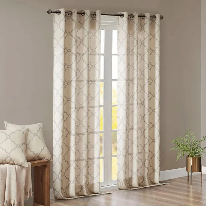 Fretwork Curtain Polyester Beige & Grey Grommet Top Window Drapery