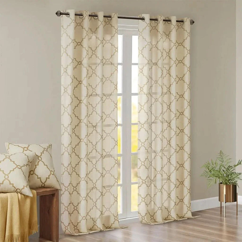 Beige Gold Geometric Fretwork Window Curtain Polyester Grommet Top