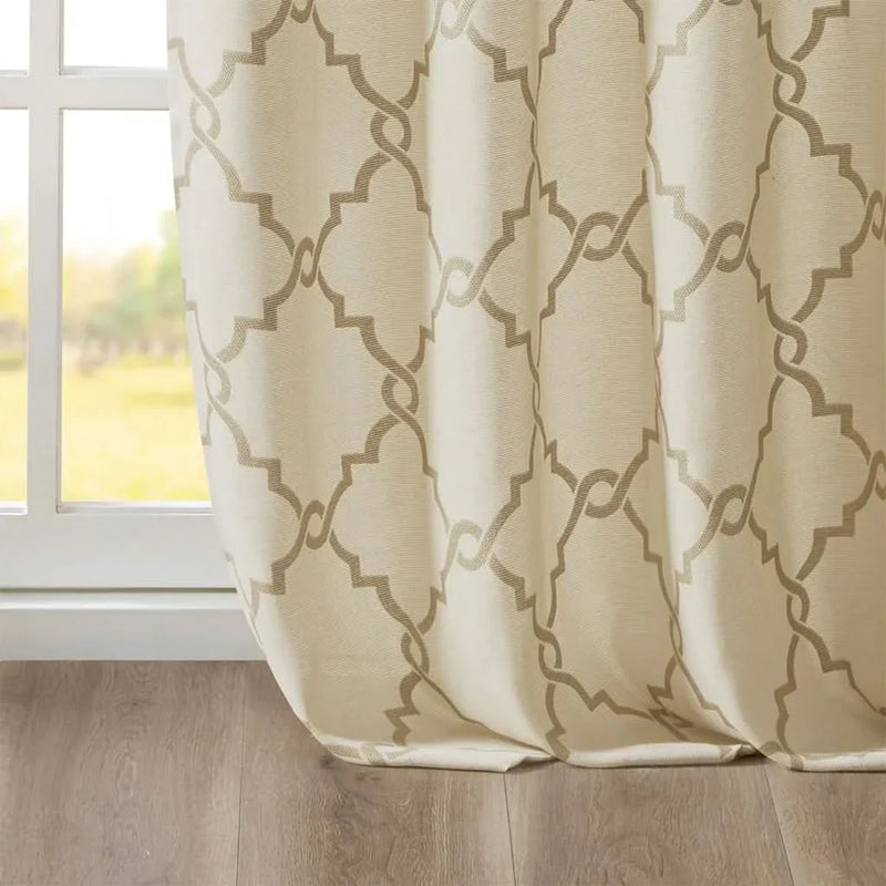 Beige Gold Geometric Fretwork Window Curtain Polyester Grommet Top