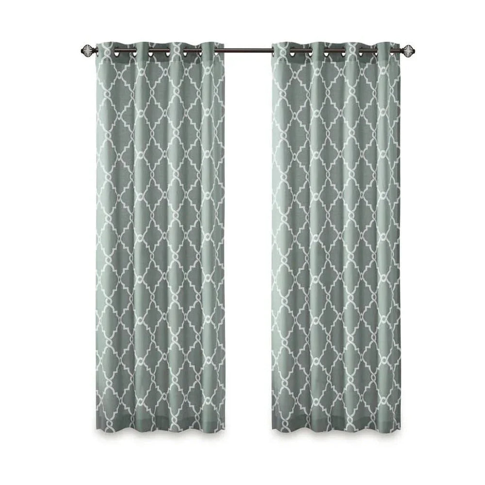 Fretwork Print Curtain Polyester Grommet Top Seafoam & White Panel Media 8