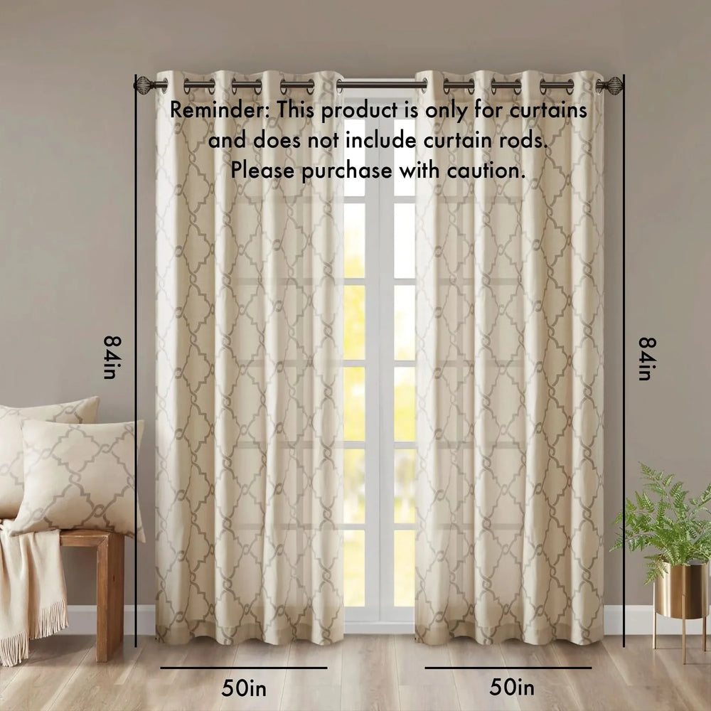 Fretwork Print Window Curtain Beige Grey Polyester Grommet Top Panel Media 3