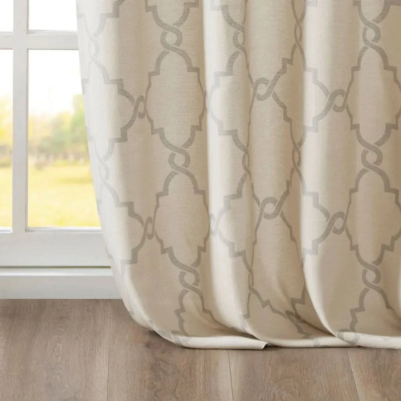 Fretwork Curtain Polyester Beige & Grey Grommet Top Window Drapery