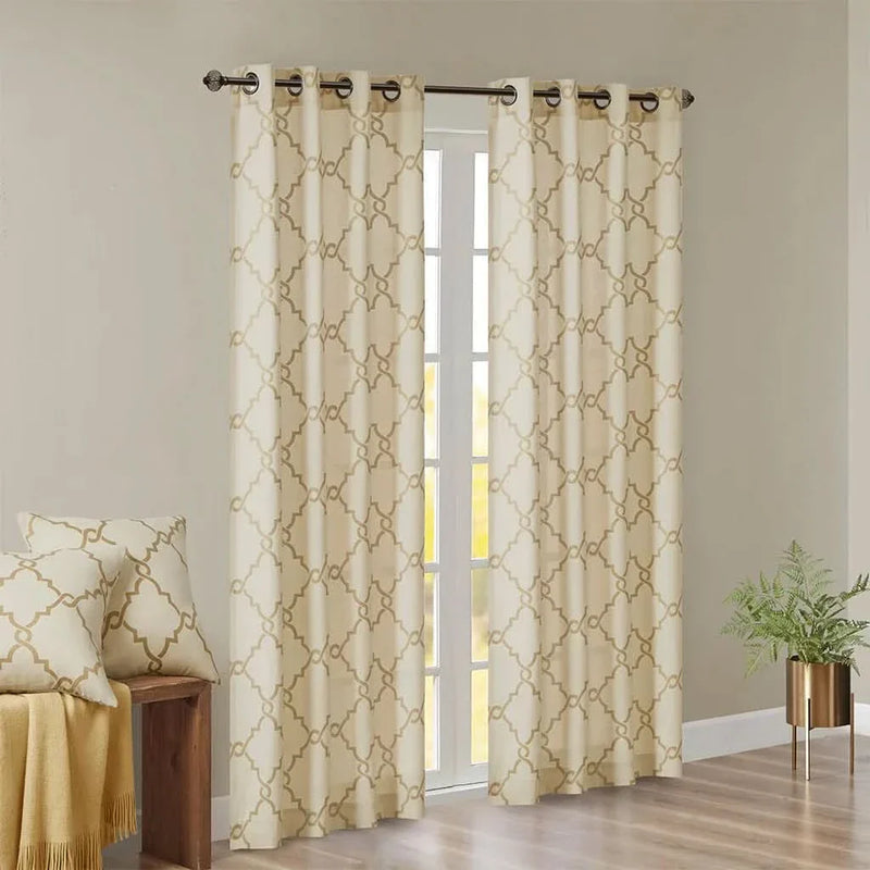 Beige Gold Geometric Fretwork Window Curtain Polyester Grommet Top