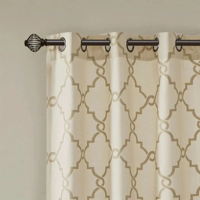 Fretwork Print Curtain Polyester Beige & Gold Grommet Top Window Panel