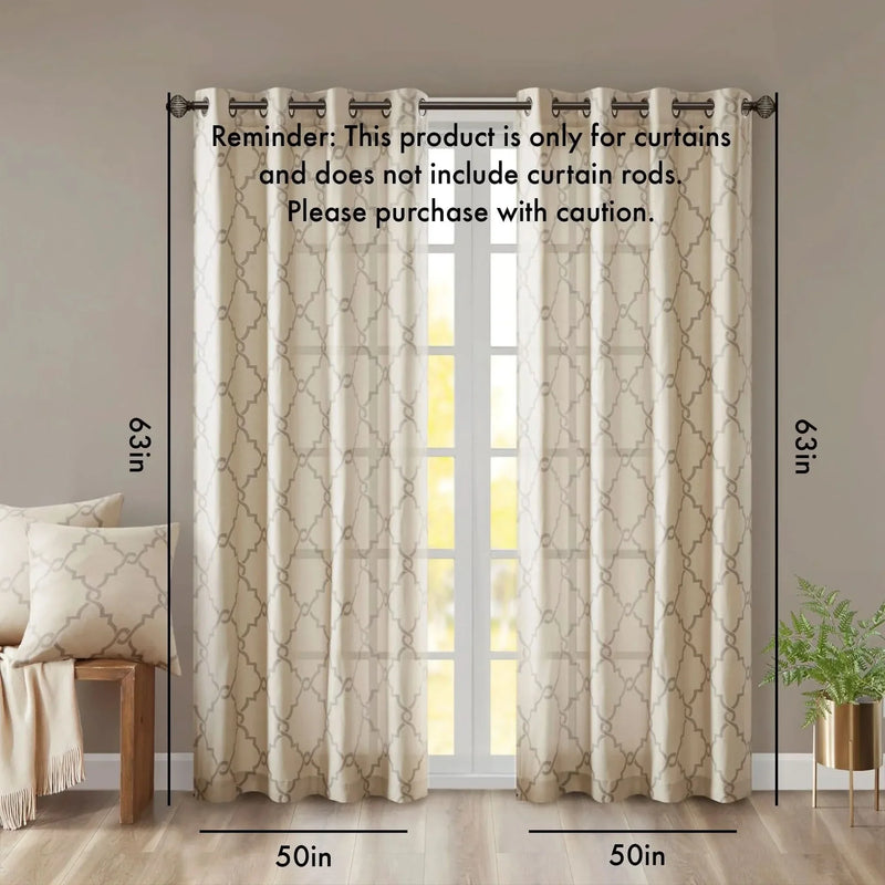 Fretwork Curtain Polyester Beige & Grey Grommet Top Window Drapery
