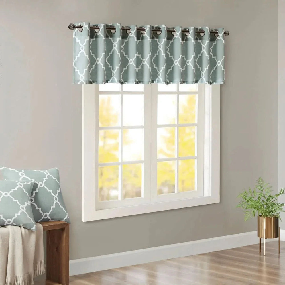 Window Valance Grommet Top Geometric Fretwork Print Seafoam & White 50x18 Media 1