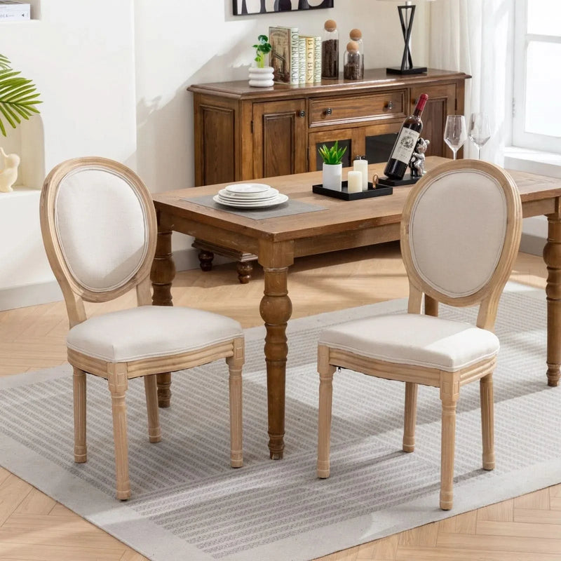 French Antique Dining Chair Solid Wood Frame Linen Upholstery Set Of 2