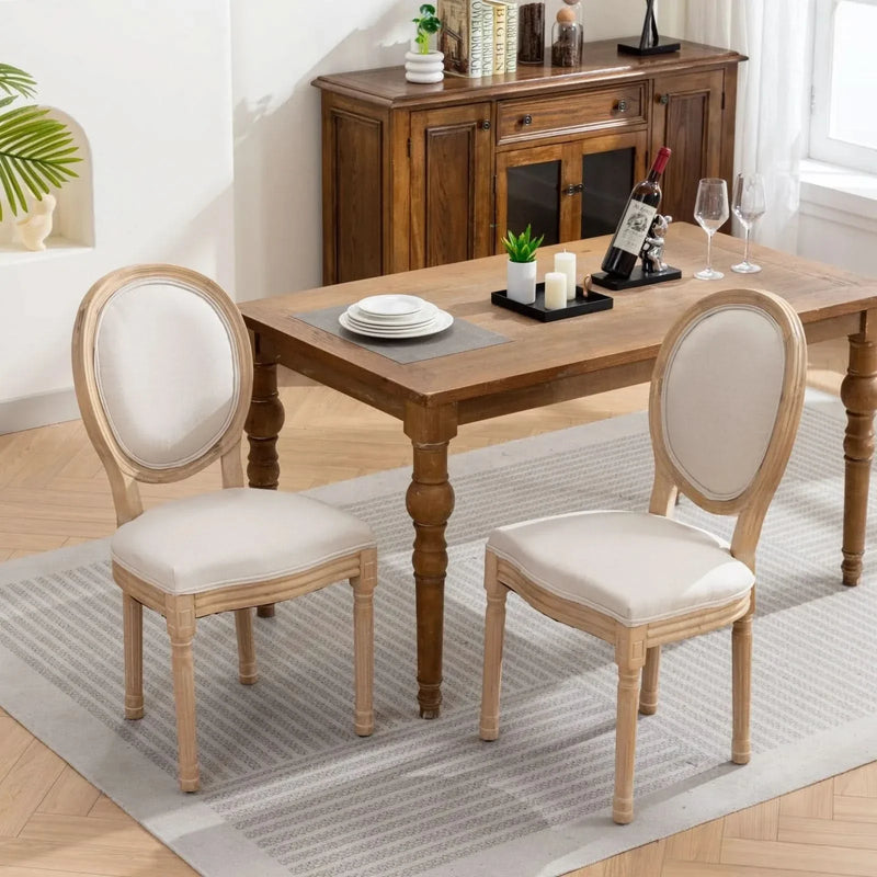 French Antique Dining Chair Solid Wood Frame Linen Upholstery Set Of 2