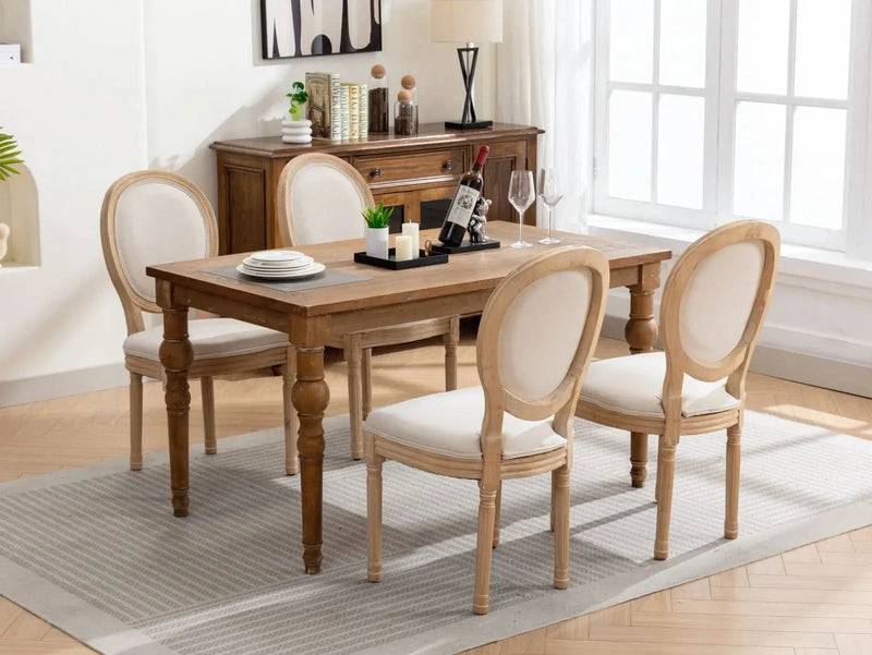 French Antique Dining Chair Solid Wood Frame Linen Upholstery Set Of 2