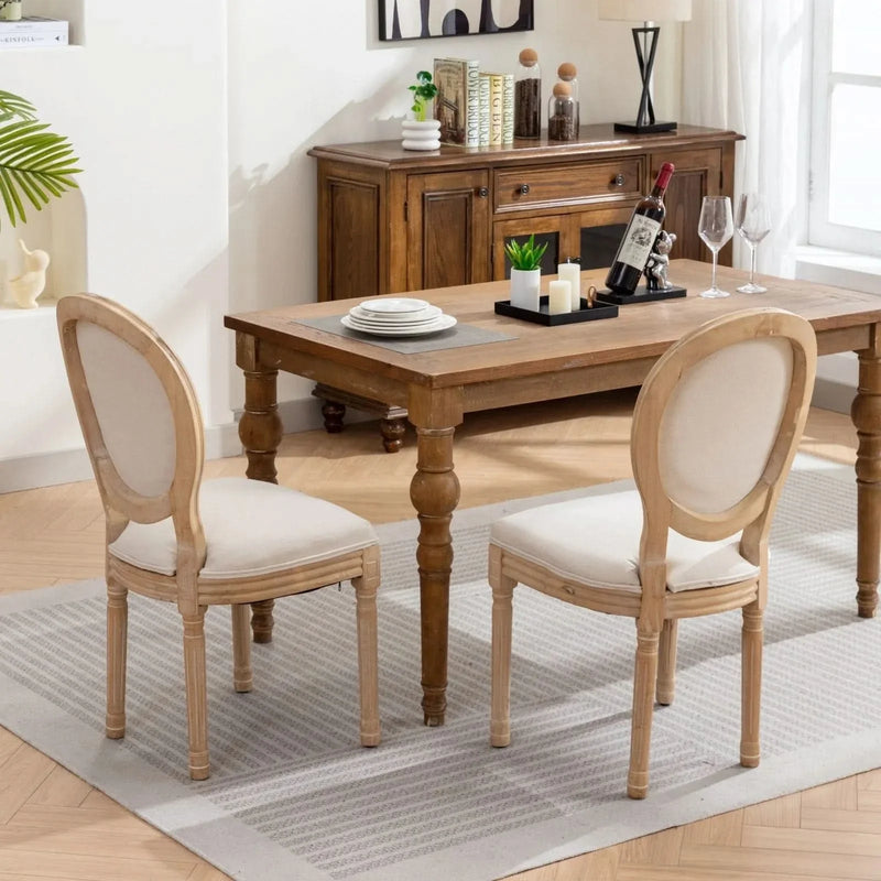 French Antique Dining Chair Solid Wood Frame Linen Upholstery Set Of 2