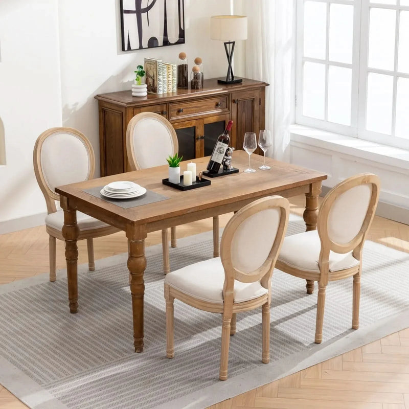 French Antique Dining Chair Solid Wood Frame Linen Upholstery Set Of 2