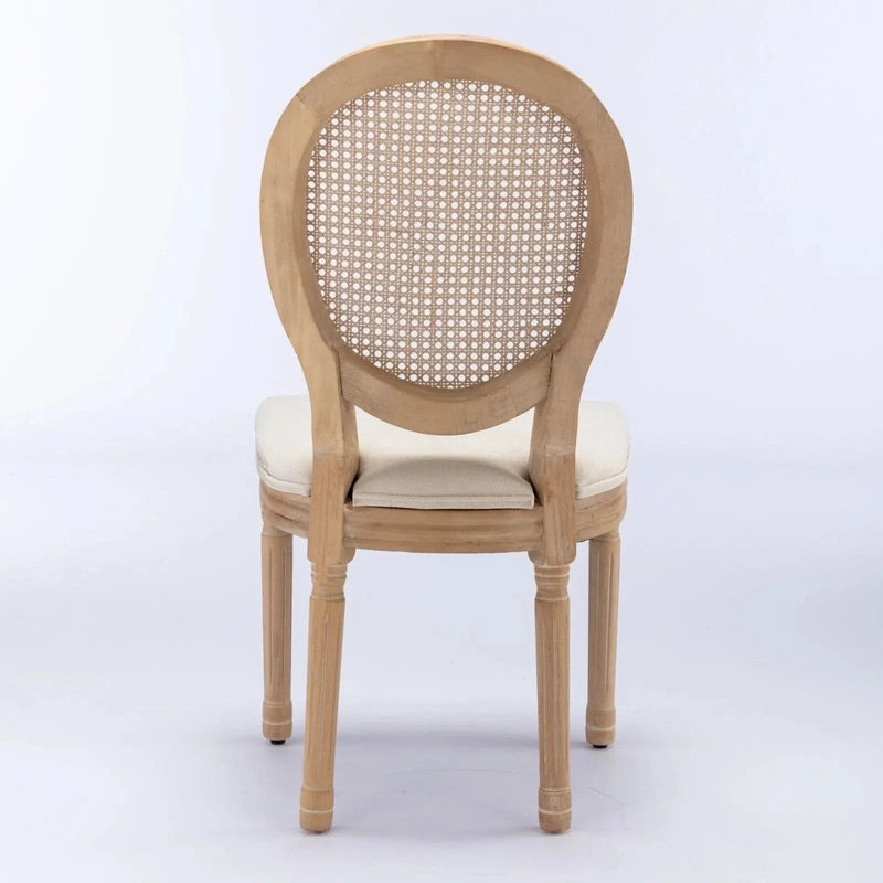 Dining Chair Solid Wood Frame & Rattan Back Linen Seat French Style Set 2