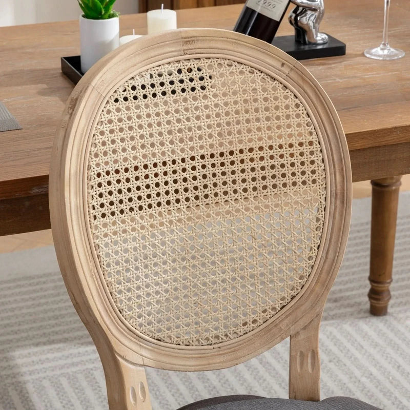 Dining Chair Solid Wood Frame & Rattan Back Linen Seat French Style Set 2