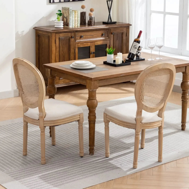 Dining Chair Solid Wood Frame & Rattan Back Linen Seat French Style Set 2