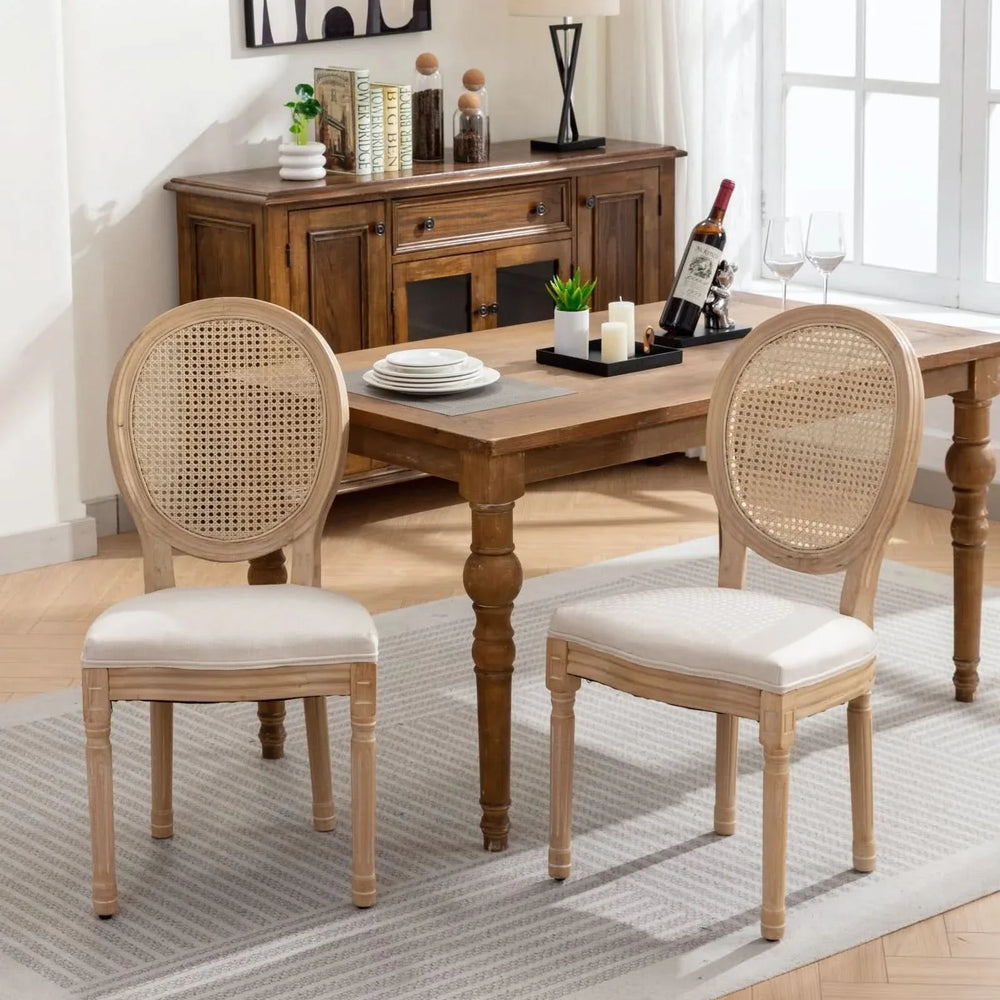 Dining Chair Solid Wood Frame & Rattan Back Linen Seat French Style Set 2 Media 11