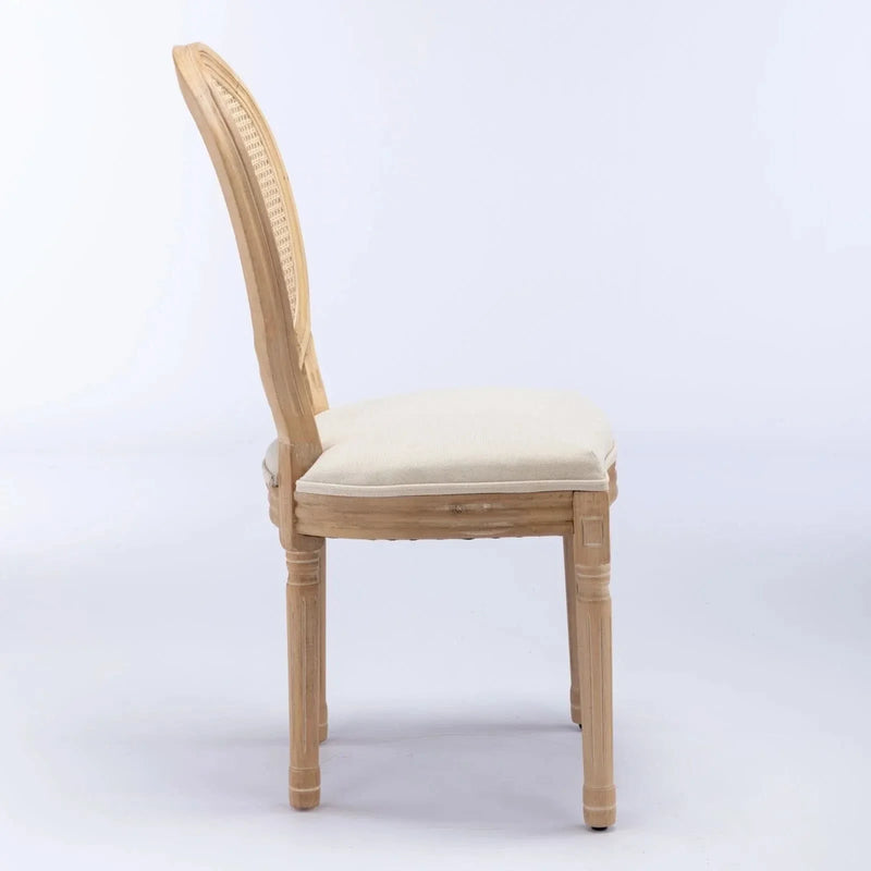 Dining Chair Solid Wood Frame & Rattan Back Linen Seat French Style Set 2