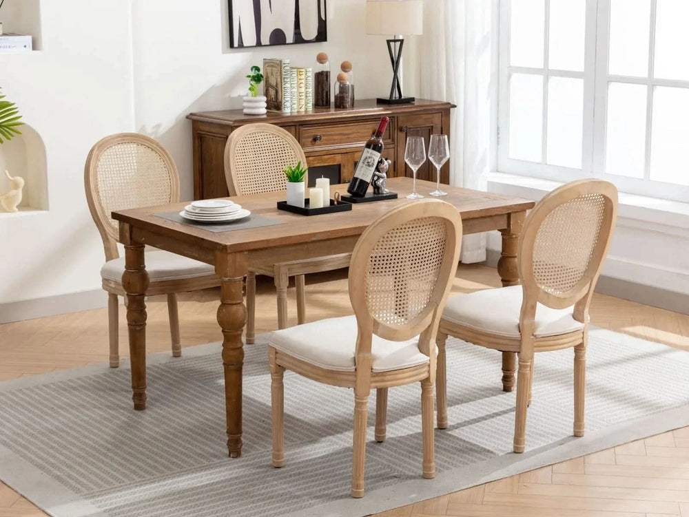 Dining Chair Solid Wood Frame & Rattan Back Linen Seat French Style Set 2 Media 15