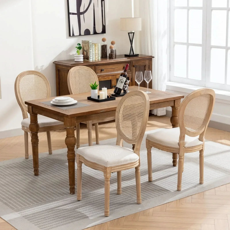 Dining Chair Solid Wood Frame & Rattan Back Linen Seat French Style Set 2