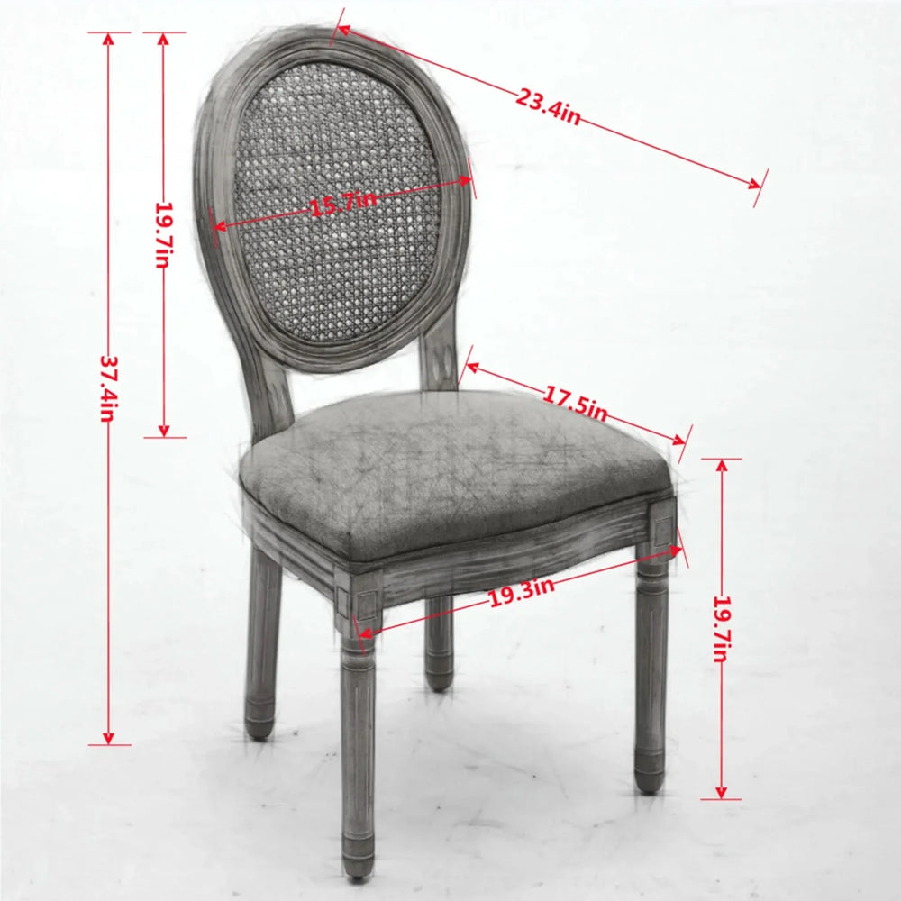 Dining Chair Solid Wood Frame & Rattan Back Linen Seat French Style Set 2 Media 7